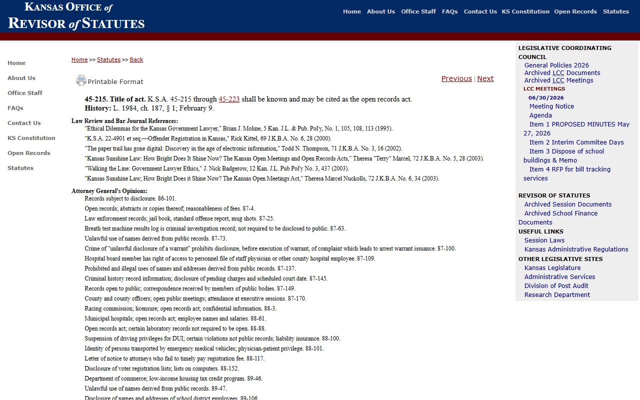Linn County Clerk of the District Court Kansas Open Records Act KSA 45-215