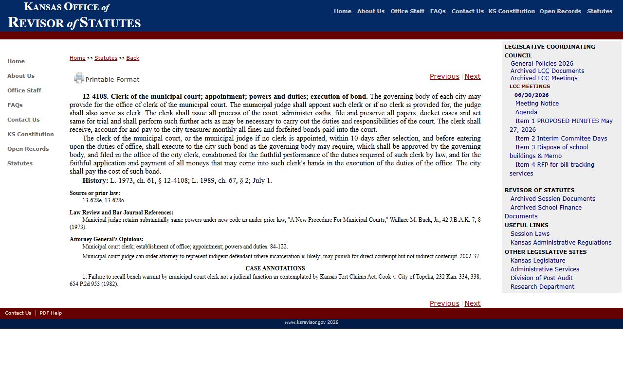 Linn County District Court Kansas municipal court clerk statute